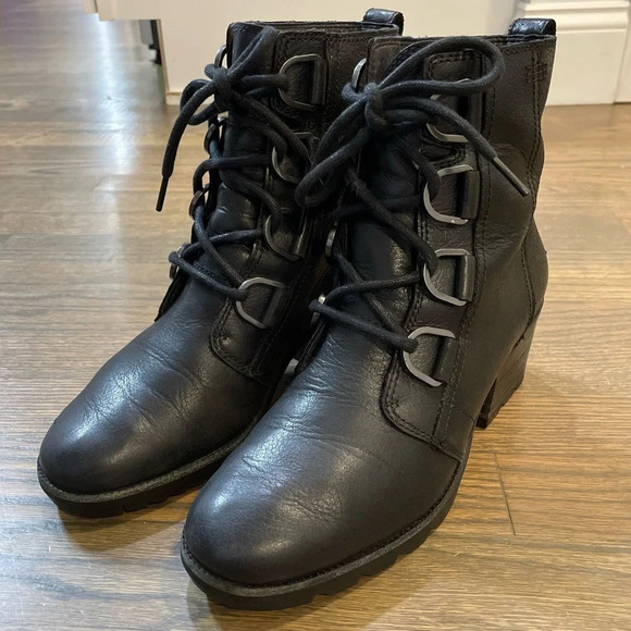 SOREL Women's Cate Lace Bootie Rain Boot Size 7.5 Black Waterproof Leather - Picture 14 of 14